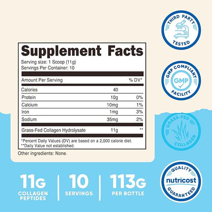Nutricost Grass-Fed Collagen Powder 4 oz (Unflavored) Type I, Type III Collagen - Gluten Free and Non-GMO