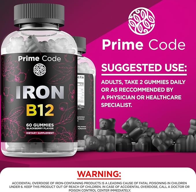 Iron Gummies for Women & Men with Vitamin B12, 20mg Iron Supplement for Adults, Free Blood Builder for Anemia, Vitamin B12 Gummies with Iron & Natural Blackberry Flavor, Vegan, Non-GMO, 30 Day Supply