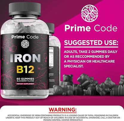 Iron Gummies for Women & Men with Vitamin B12, 20mg Iron Supplement for Adults, Free Blood Builder for Anemia, Vitamin B12 Gummies with Iron & Natural Blackberry Flavor, Vegan, Non-GMO, 30 Day Supply
