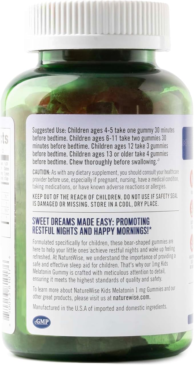 Naturewise Kids Melatonin Gummies 1 mg - Drug-Free, Non-Habit Forming Sleep Aid for Children Ages 4 & Up - Strawberry Flavored Gummy Bears - Vegan, Gluten Free, Non-GMO - 60 Count[2-Month Supply]