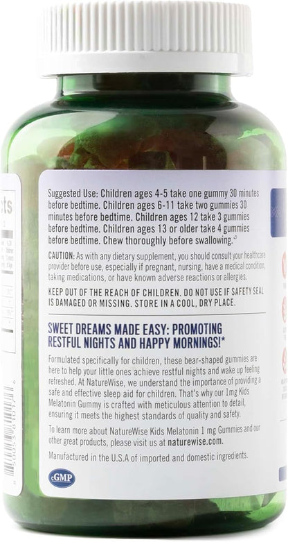 Naturewise Kids Melatonin Gummies 1 mg - Drug-Free, Non-Habit Forming Sleep Aid for Children Ages 4 & Up - Strawberry Flavored Gummy Bears - Vegan, Gluten Free, Non-GMO - 60 Count[2-Month Supply]
