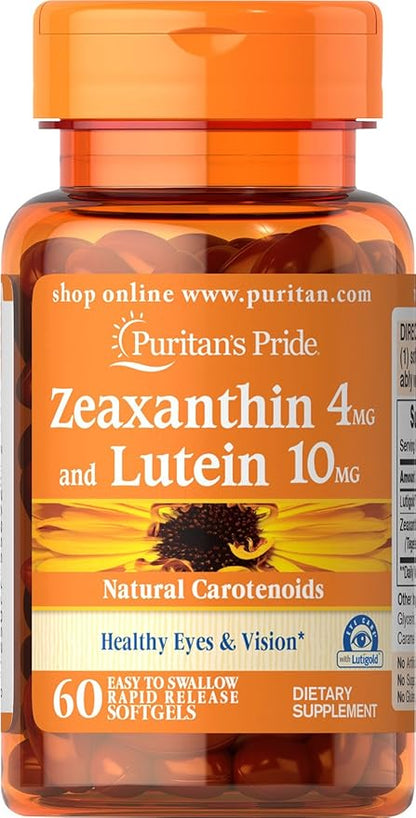 Puritan's Pride Zeaxanthin 4mg with Lutigold™ Lutein 10mg Carotenoids, Dietary Supplement for Healthy Eyes and Vision, 60 Easy-to-Swallow Rapid Release Softgels