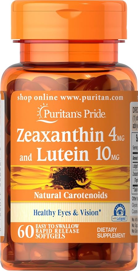 Puritan's Pride Zeaxanthin 4mg with Lutigold™ Lutein 10mg Carotenoids, Dietary Supplement for Healthy Eyes and Vision, 60 Easy-to-Swallow Rapid Release Softgels