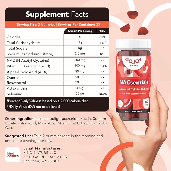 GOJOY NACsentials Sugar-Free NAC Gummies – 600mg N-Acetyl Cysteine with Vitamin C, ALA, Quercetin & Astaxanthin – Antioxidant & Liver Detox Support – Vegan & Keto-Friendly – 60 Gummies