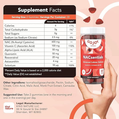 GOJOY NACsentials Sugar-Free NAC Gummies – 600mg N-Acetyl Cysteine with Vitamin C, ALA, Quercetin & Astaxanthin – Antioxidant & Liver Detox Support – Vegan & Keto-Friendly – 60 Gummies