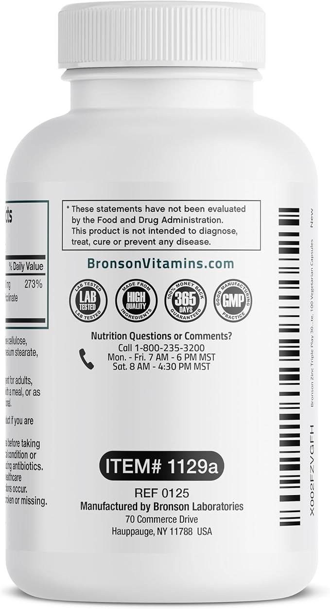 Bronson Zinc Triple Play 30 mg Triple Coverage Immune Support with Zinc Acetate, Picolinate & Orotate - Immune, Antioxidant & Skin Health Support - 100 Vegetarian Capsules