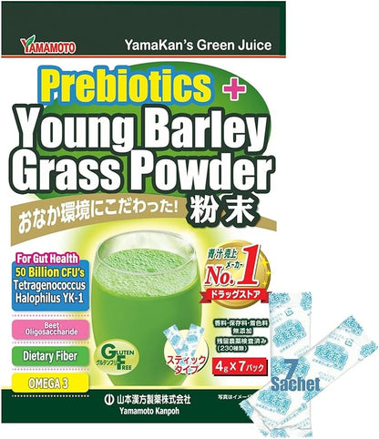 Digestive Enzymes with Probiotics and Prebiotics for All Types, Women & Men, Super Greens Made with Young Barley Leaf Powder & Probiotic Powder from Japan, 7 Portable Sachets