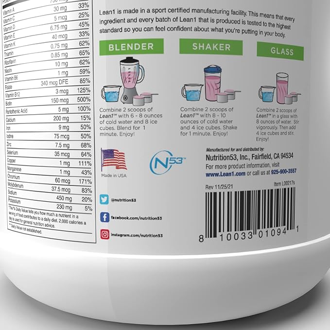 Lean1 Strawberry, 15 Serving tub, Fat Burning Meal Replacement by Nutrition53