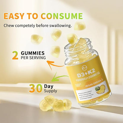 Vitamin D3 K2 Filled Gummies, Vitamin D3 10000IU, K2 (MK-7) 200mcg, Sugar Free K2 D3 Vitamin Supplement with Omega-3, Calcium, Magnesium, Zinc for Muscle, Bones & Immune Support, 1 Pack