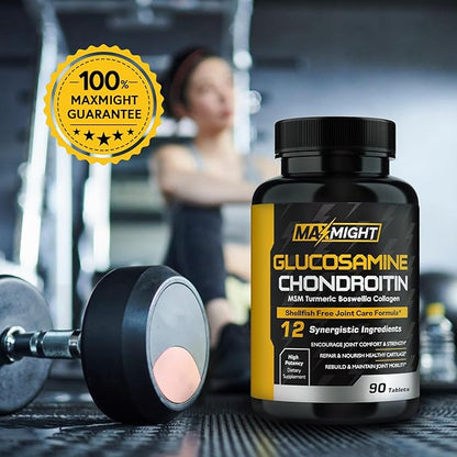 Glucosamine Chondroitin MSM Turmeric, Boswellia, 12-in-1, Joint Comfort, Mobility, Lubrication & Strength for Men Women & Senior, 90 Tab, No Shellfish