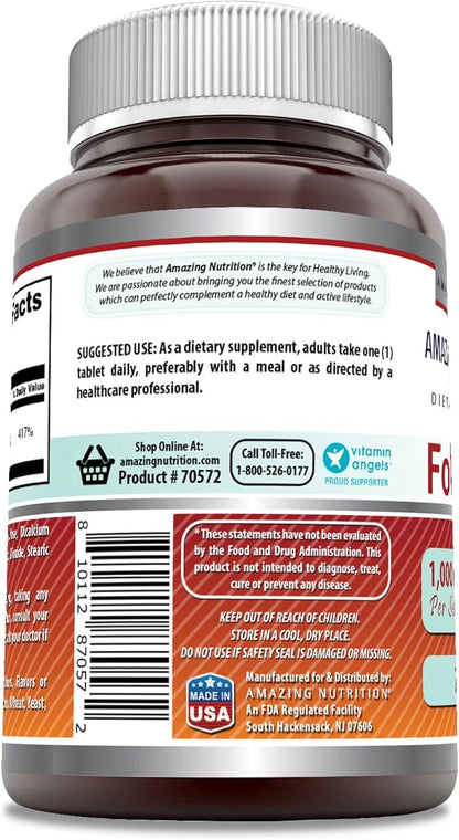 Amazing Formulas Folic Acid 1000 mcg (1 mg) Tablets Supplement | Vitamin B9 | Non-GMO | Gluten Free | Made in USA (240 Count | 2 Pack)