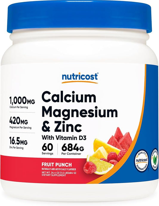 Nutricost Calcium Magnesium Zinc with Vitamin D3 Powder, 60 Servings (Fruit Punch) - Calcium (1000 MG) Magnesium (420 MG) Zinc (16.5 MG) Vitamin D3 (30 MCG) - Gluten Free, Non-GMO