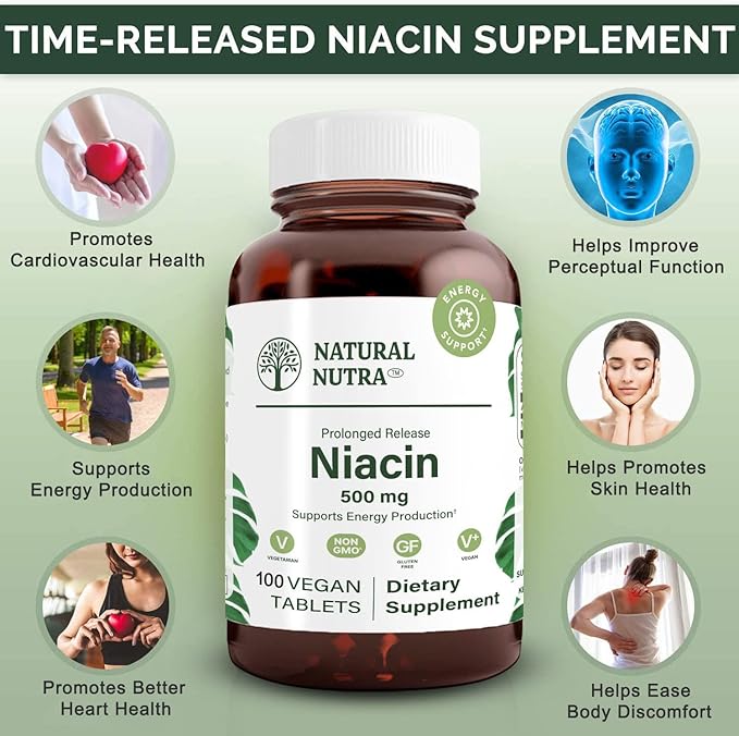 Natural Nutra Time-Release Slow Niacin 500mg (Vitamin B3), Support Energy Production, Promotes Cardiovascular Health, Promotes Skin Health and perceptual Function, 100 Vegan and Vegetarian Tablets
