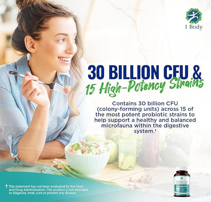 1 Body 30 Billion CFU Probiotic Supplement with Prebiotics – Patented Acid Resistant Capsules to Promote Gut Health, Support Immune System – Probiotics for Women and Men - 60 Vegetarian Capsules