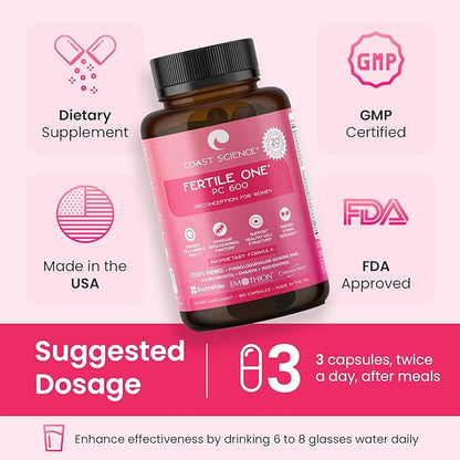 Fertile One PC 600 - Advanced Preconception Supplement with CoQ10 600mg, Nutrient-Rich for Women's Reproductive Health, Ideal for IVF, 180 Vegetable Capsules for Fertility Enhancement
