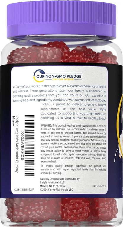 Carlyle Kids Melatonin Gummies | 1 mg 70 Count | Fruit Flavor Gummy | Vegan, Non-GMO, Gluten Free