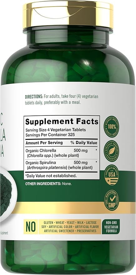 Carlyle Organic Chlorella Spirulina Tablets | 1300 Count | 50/50 Blend | Non-GMO and Gluten Free Supplement