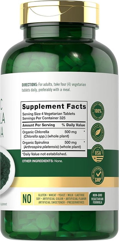 Carlyle Organic Chlorella Spirulina Tablets | 1300 Count | 50/50 Blend | Non-GMO and Gluten Free Supplement