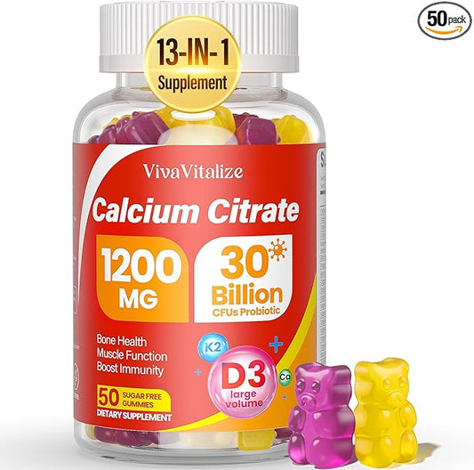 13-in-1 Calcium Citrate Gummies, 1200 mg with Vitamin D3, K2, Magnesium, Zinc, Ultimate Absorption Calcium Supplements for Women & Men, Bone, Muscle Support, Blueberry Pineapple Flavor,50 Gummies-48