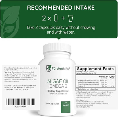 FürstenMED® Algae Oil Vegan Omega 3 - Heart, Brain & Joint Health Support - 2000mg Algae Oil of which 700mg DHA & 320mg EPA + 3,6mg Vitamin E per Daily Dose - Essential Fatty Acids