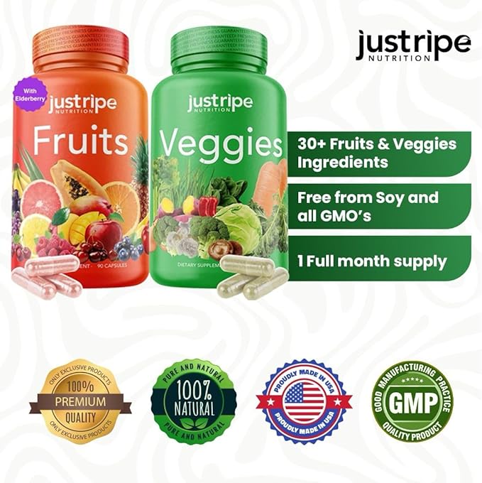 Fruits and Veggies Supplement - 90 Fruit and 90 Vegetable Capsules - 100% Whole Natural Superfood - Filled with Vitamins and Minerals - Supports Energy Levels (2 Pack)