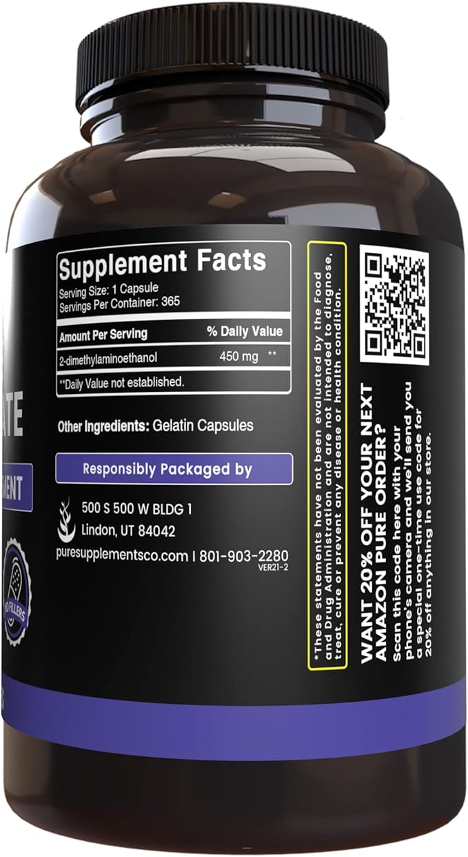 Pure Original Ingredients DMAE Bitartrate (365 Capsules) No Magnesium Or Rice Fillers, Always Pure, Lab Verified