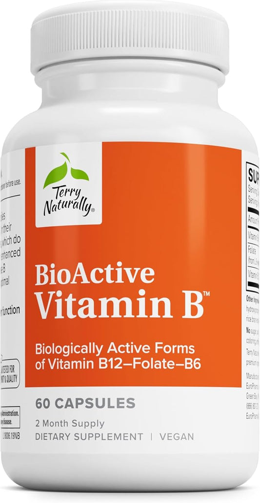 Terry Naturally BioActive Vitamin B - Aid Heart Health with Bioactive B Vitamins - Supplement with Folate & Calcium - B Complex Vitamin to Aid Nervous System Function - 60 Capsules