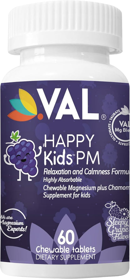 VAL Sugar-Free Calm Magnesium for Kids PM Chewable Tablets | Magnesium Glycinate, Citrate & Taurate | Chamomile & Vitamins B6 & C | Bedtime Support | Non-GMO | Grape Flavor | 60 Count