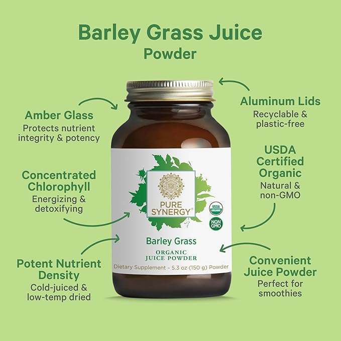 PURE SYNERGY Organic Barley Grass Juice Powder | Chlorophyll-Rich Greens Powder | Organic Cold-Pressed Barley Grass Juice | for Energy, Detox, and Digestion Support (5.3 oz.)