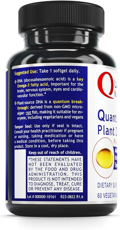 Quantum Nutrition Labs Plant DHA - Non-GMO Vegan DHA with Omega 3 Fatty Acids, Algae Based DHA for Women & Men, Natural DHA Supplement Suitable for Vegans- 60 Vegetarian Softgel Capsules