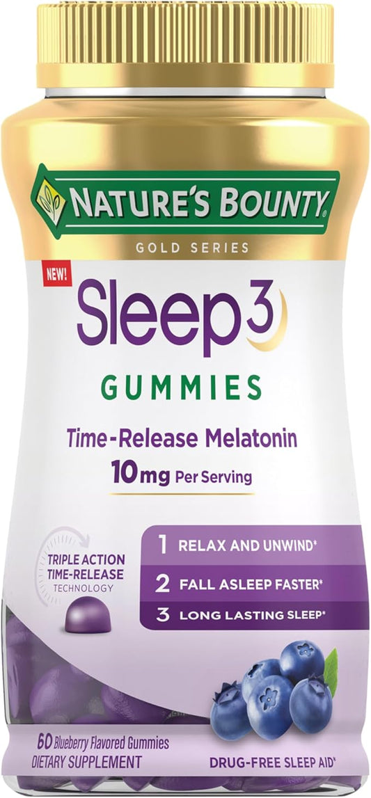 Nature's Bounty Sleep3 Gummies, Triple Action Time-Release Sleep Aid, Melatonin 10mg, Blueberry Flavor, 60 Gummies
