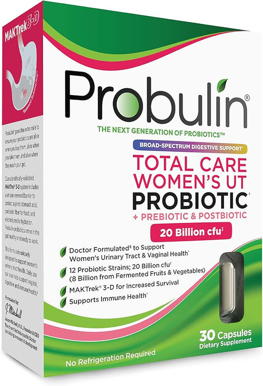 Probulin Total Care Women's Urinary Tract = Prebiotics + Probiotics + Postbiotics to Support a Healthy Vaginal Microbiome - 20 Billion CFU - 12 Strains - 30 Vegan Capsules
