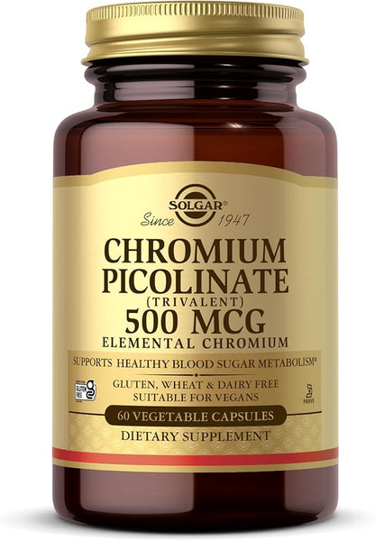 Solgar Chromium Picolinate 500 mcg - 60 Vegetable Capsules - Supports Sugar, Fat & Protein Metabolism - Non-GMO, Gluten Free, Kosher - 30 Servings
