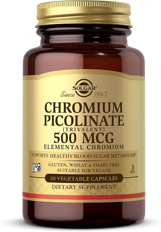 Solgar Chromium Picolinate 500 mcg - 60 Vegetable Capsules - Supports Sugar, Fat & Protein Metabolism - Non-GMO, Gluten Free, Kosher - 30 Servings