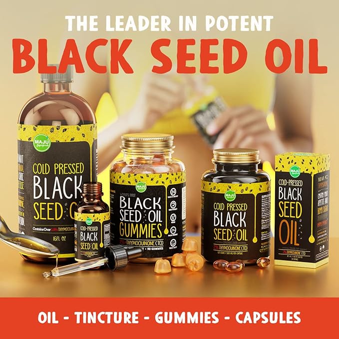 Maju Superfoods Black Seed Oil Capsules - Cold Pressed, 2% Thymoquinone, 100% Turkish Black Cumin Nigella Sativa Seed Oil, Liquid Pure Blackseed 60 Count, 500mg per Capsule