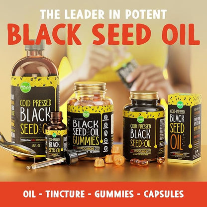 Maju Superfoods Black Seed Oil Capsules - Cold Pressed, 2% Thymoquinone, 100% Turkish Black Cumin Nigella Sativa Seed Oil, Liquid Pure Blackseed 60 Count, 500mg per Capsule