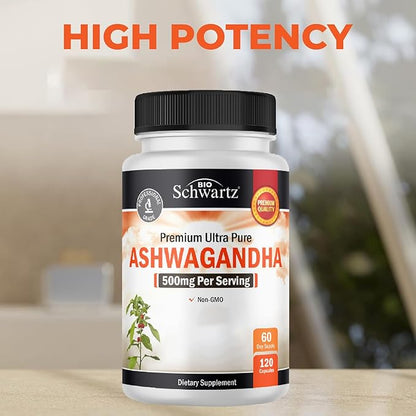 BioSchwartz Ashwagandha Supplements - Extra Strength Ashwagandha Capsules 500mg Per Serving - Gluten Free, Non-GMO, Made in The USA with Globally Sourced Ingredients, 60 Servings (120 Count)