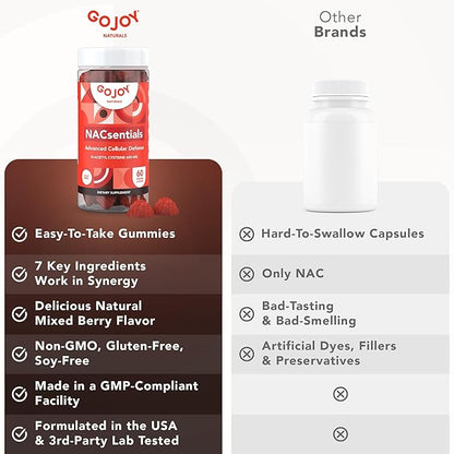 GOJOY NACsentials Sugar-Free NAC Gummies – 600mg N-Acetyl Cysteine with Vitamin C, ALA, Quercetin & Astaxanthin – Antioxidant & Liver Detox Support – Vegan & Keto-Friendly – 60 Gummies