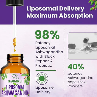 Liposomal Ashwagandha Liquid Drops 2000mg, Ashwagandha Root Extract Supplement (7% Withanolides) with Black Pepper Extract & Probiotics for Focus, Cognition & Energy - 2 FL.OZ (1 Bottle)