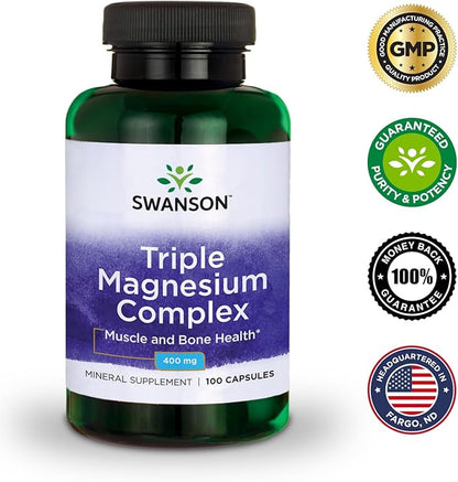 Swanson Triple Magnesium Complex - Mineral Supplement - Natural Support - Featuring Citrate, Oxide & Aspartate - (100 Capsules, 400mg Each)