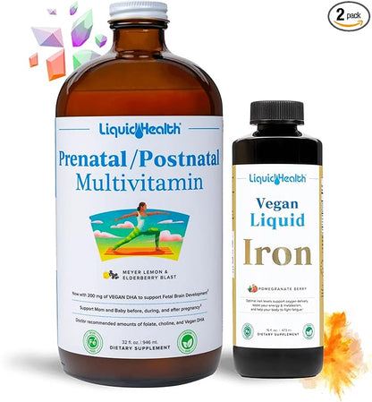 LIQUIDHEALTH Prenatal Baby Booster Pregnancy Vitamin Bundle - Vegan Women's Prenatal/Postnatal Multivitamin with SunActive & Ferrochel Iron, Folate, Whole Foods - Made in The USA, 100% Vegan (Bundle)