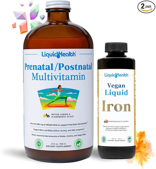 LIQUIDHEALTH Prenatal Baby Booster Pregnancy Vitamin Bundle - Vegan Women's Prenatal/Postnatal Multivitamin with SunActive & Ferrochel Iron, Folate, Whole Foods - Made in The USA, 100% Vegan (Bundle)