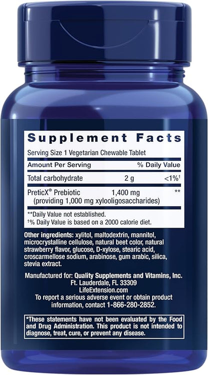 Life Extension FLORASSIST® Prebiotic Chewable (Strawberry), 1000 mg xylooligosaccharides, prebiotic Supplement Provides Fuel for Gut Flora, Gluten-Free, Non-GMO, Vegetarian, 60 chewable Tablets