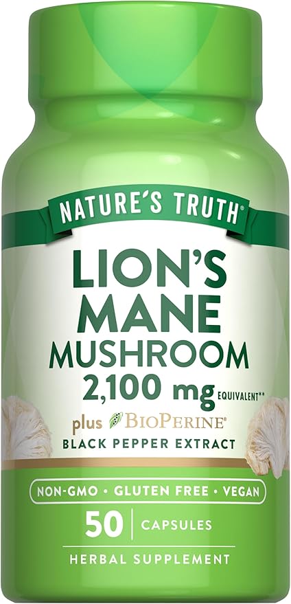 Nature's Truth Lions Mane Supplement Capsules | 2100mg | 50 Count | with BioPerine | Vegan, Non GMO & Gluten Free Formula