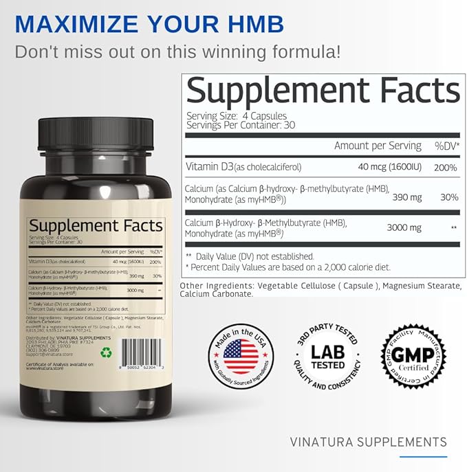 HMB 3000mg and Vitamin D3 Supplement Capsules per Serving *USA Made & Tested* Promotes Muscle Growth & Recovery - HMB Supplement and Vitamin D3 (1600 IU) - 120 Capsules 30 Servings