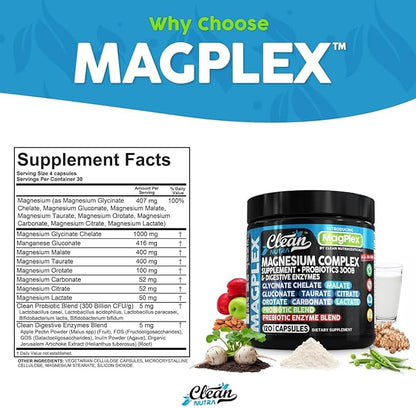 8in1 Magnesium Supplement Complex | Magnesium Glycinate Citrate Malate Gluconate Orotate Carbonate Lactate + Prebiotics Probiotics Digestive Enzymes Magnesio Capsules for Women Men by Clean Nutra