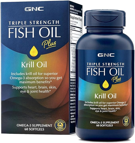 GNC Triple Strength Fish Oil Plus Krill Oil Omega 3 Supplement, 1000mg EPA and DHA, Supports Heart, Brain, Skin, Eye and Joint Health, 60 Softgels