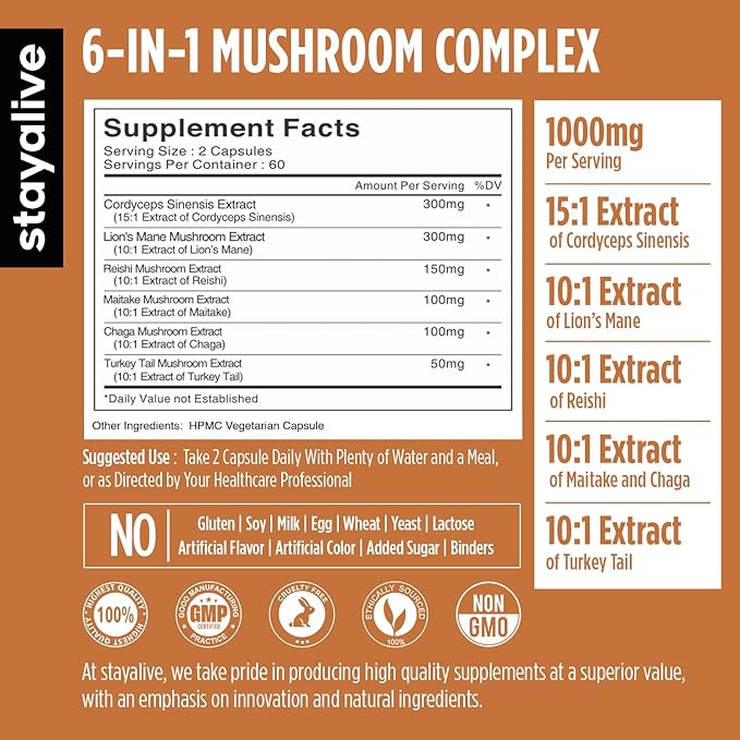 STAY ALIVE Mushroom Complex 1000mg, 6-in-1 Mushroom Supplement w/Lions Mane, Reishi, Chaga, Cordyceps, Maitake and Turkey Tail Extract Powder, 120 Vegan Pills, Non-GMO & Gluten Free Herbal Capsules
