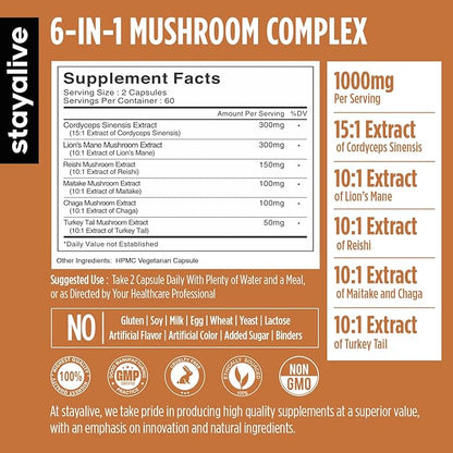 STAY ALIVE Mushroom Complex 1000mg, 6-in-1 Mushroom Supplement w/Lions Mane, Reishi, Chaga, Cordyceps, Maitake and Turkey Tail Extract Powder, 120 Vegan Pills, Non-GMO & Gluten Free Herbal Capsules
