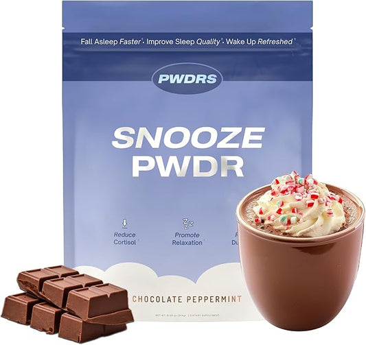 PWDRS Snooze Sleepy Time Hot Chocolate | All Natural Sleep Support | Magnesium Glycinate, L Theanine, Chamomile, Electrolytes | 20 Calories, Non GMO | Chocolate Peppermint